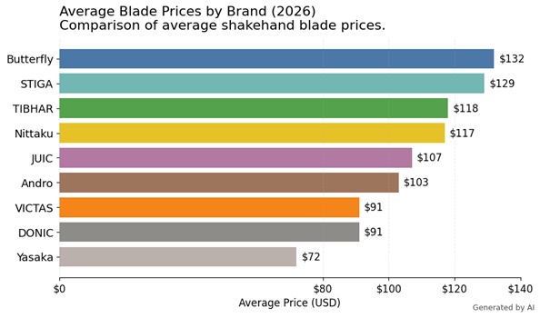 Bar chart comparing average shakehand blade prices by major table tennis brands in 2026, with Butterfly and STIGA showing the highest average prices.