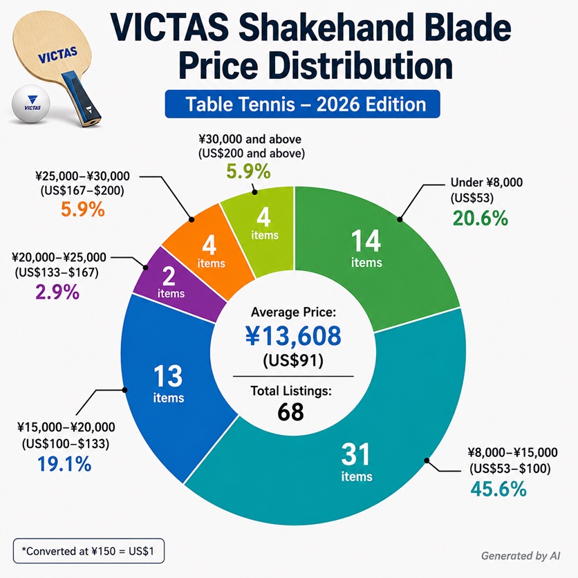 VICTAS shakehand blade price distribution chart for 2026 showing average prices and pricing ranges of table tennis blades in Japan