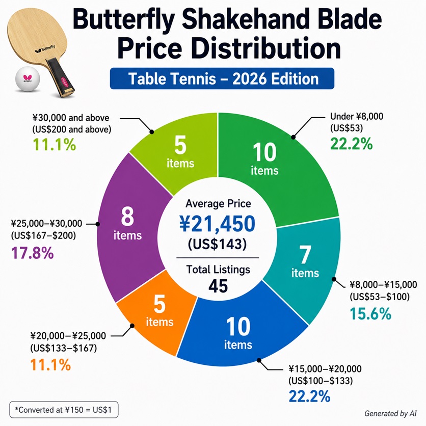 Butterfly shakehand blade price distribution chart for 2026 showing average prices and pricing ranges of table tennis blades in Japan