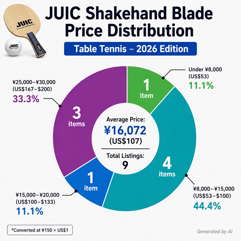 JUIC shakehand blade price distribution chart for 2026 showing average prices and pricing ranges of table tennis blades in Japan
