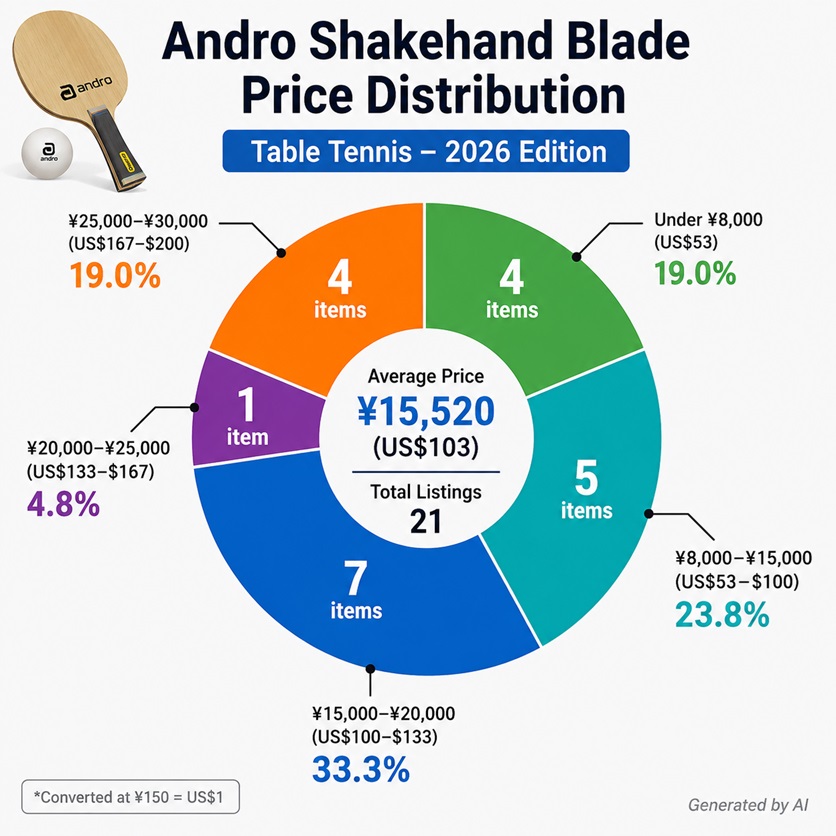 Andro shakehand blade price distribution chart for 2026 showing average prices and pricing ranges of table tennis blades in Japan
