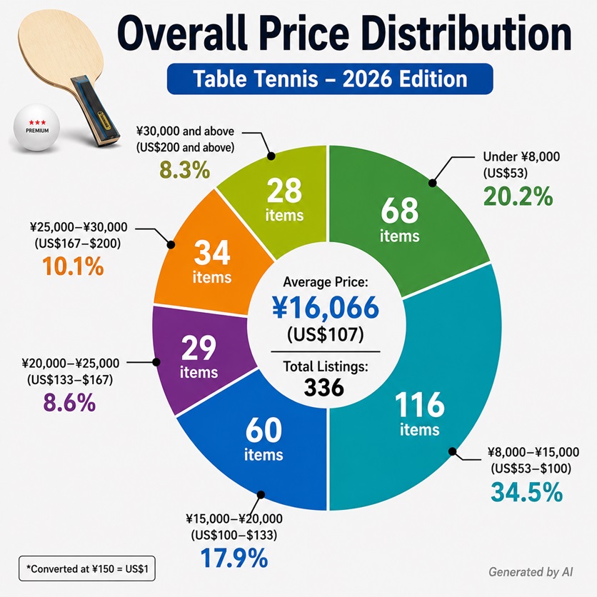 Overall shakehand blade price distribution chart for 2026 showing average prices and pricing ranges of table tennis blades in Japan