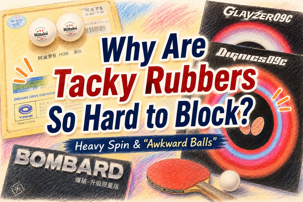 Thumbnail image for a table tennis article explaining why tacky rubbers are difficult to block, featuring DHS Hurricane 5, Dignics 09C, Glayzer 09C, and Bombard rubbers with the text “Heavy Spin & Awkward Balls.”