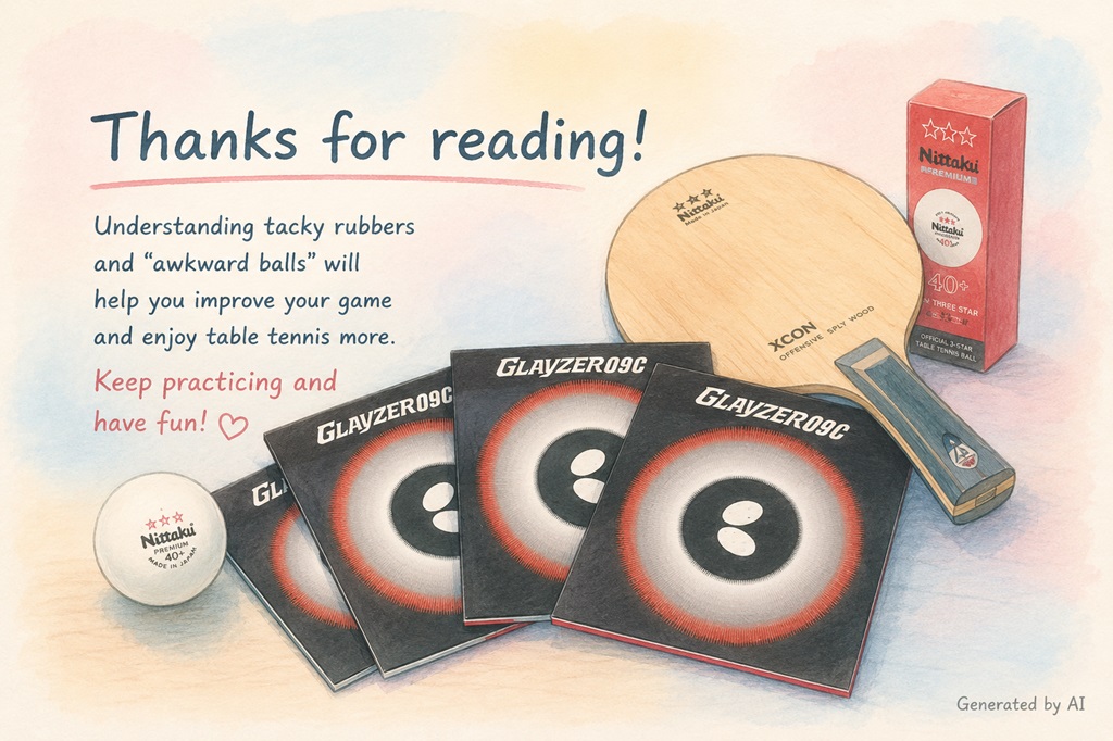 Pastel-style illustration for a table tennis article conclusion, featuring Glayzer 09C rubber packages, a racket, and a Nittaku ball with the message “Thanks for reading!”