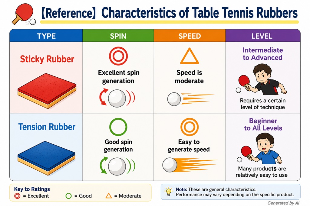 Comparison of tension rubbers and tacky rubbers in table tennis.