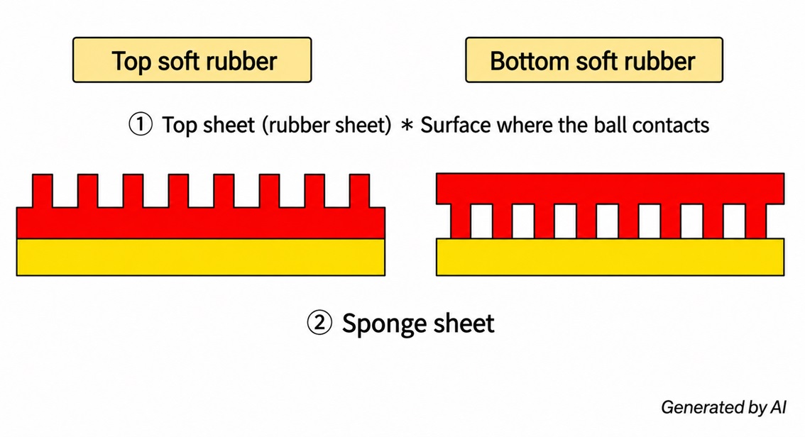 Diagram comparing pips-out and inverted rubbers in table tennis.