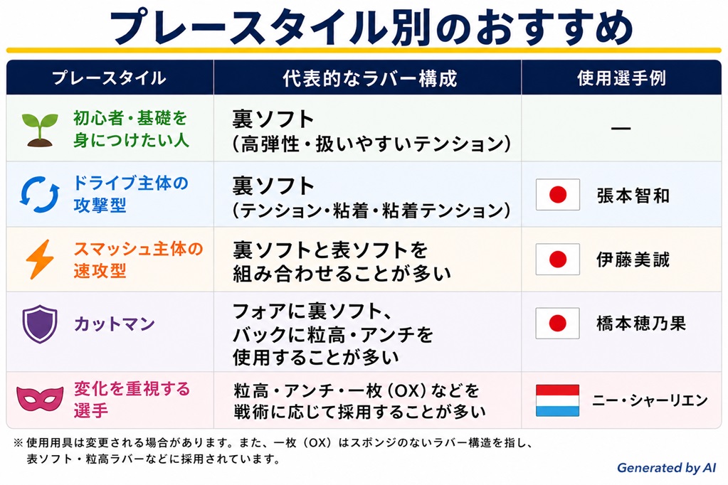 卓球ラバー プレースタイル別におすすめラバーについてまとめた表