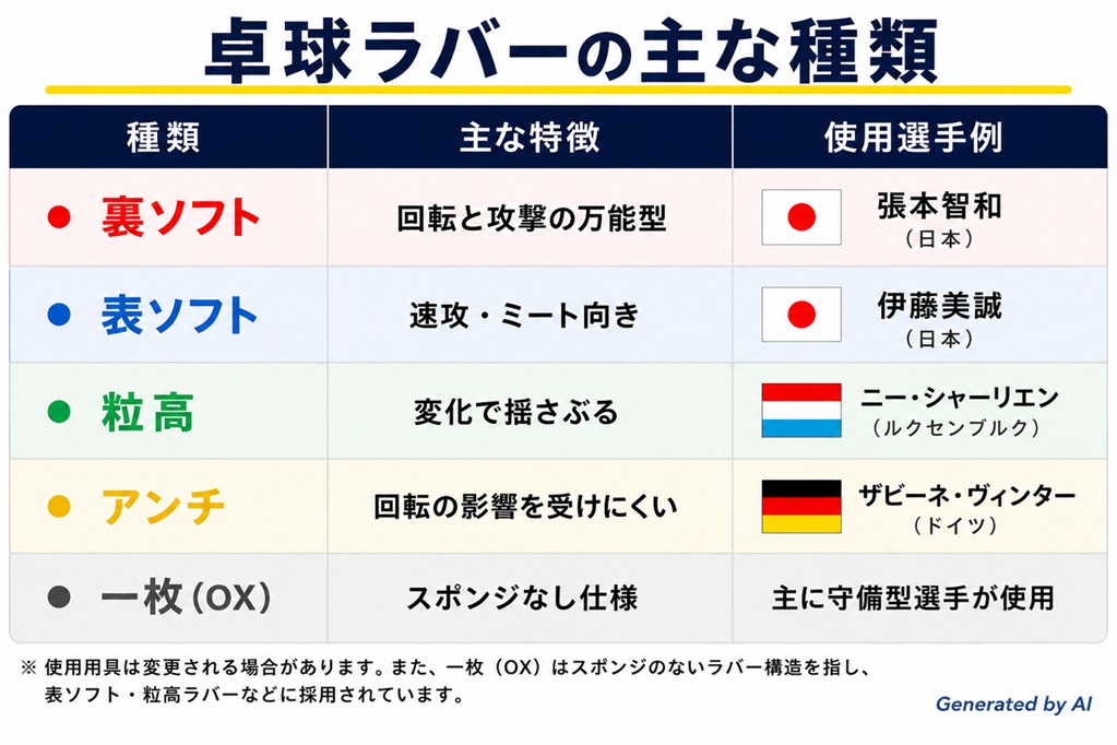 卓球ラバーの主な種類と特徴についてまとめた表