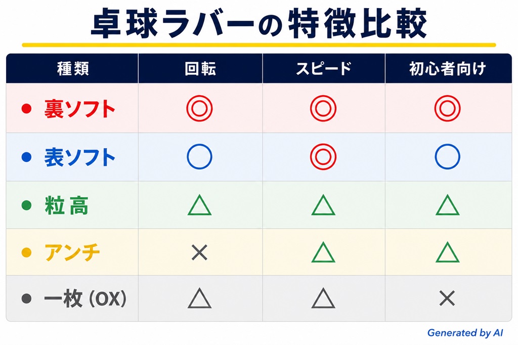 卓球ラバーの特徴を回転・スピード・初心者向けかについて比較した表