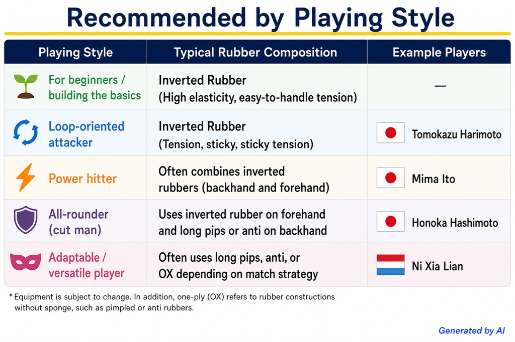 Recommended rubbers by playing style