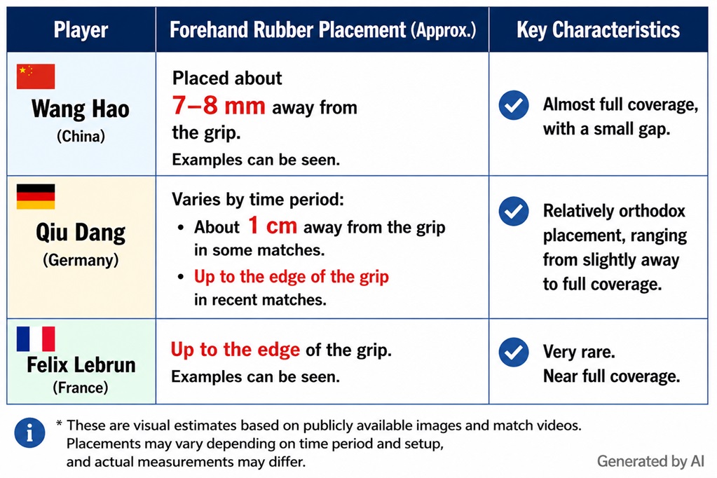 Comparison of three common rubber placement styles for a Chinese penhold table tennis racket