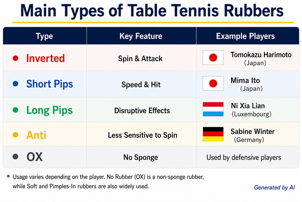 Main types of table tennis rubbers: Inverted, Short Pips, Long Pips, Anti, and OX