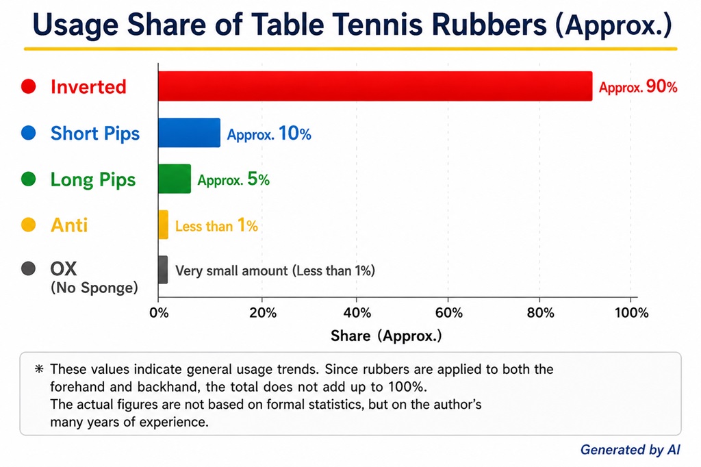 Estimated usage share of table tennis rubber types
