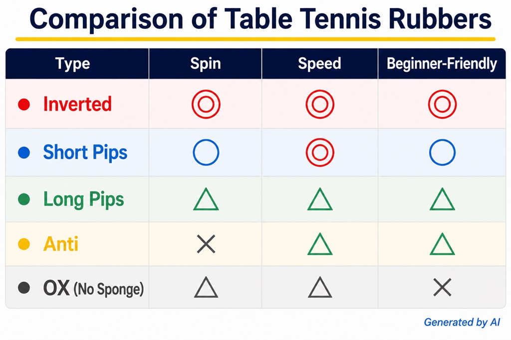Comparison of table tennis rubber types