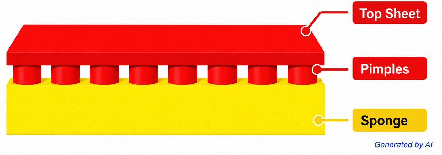 Structure of an inverted table tennis rubber showing the topsheet and sponge layer