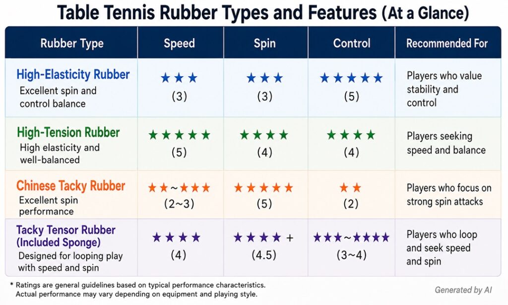 Comparison chart of inverted table tennis rubber types showing speed, spin, control, and recommended player styles