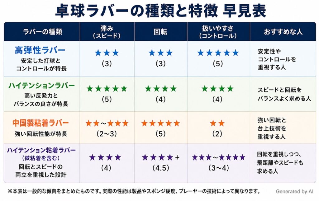 卓球ラバー　裏ソフトラバーの種類と特徴に関する早見表