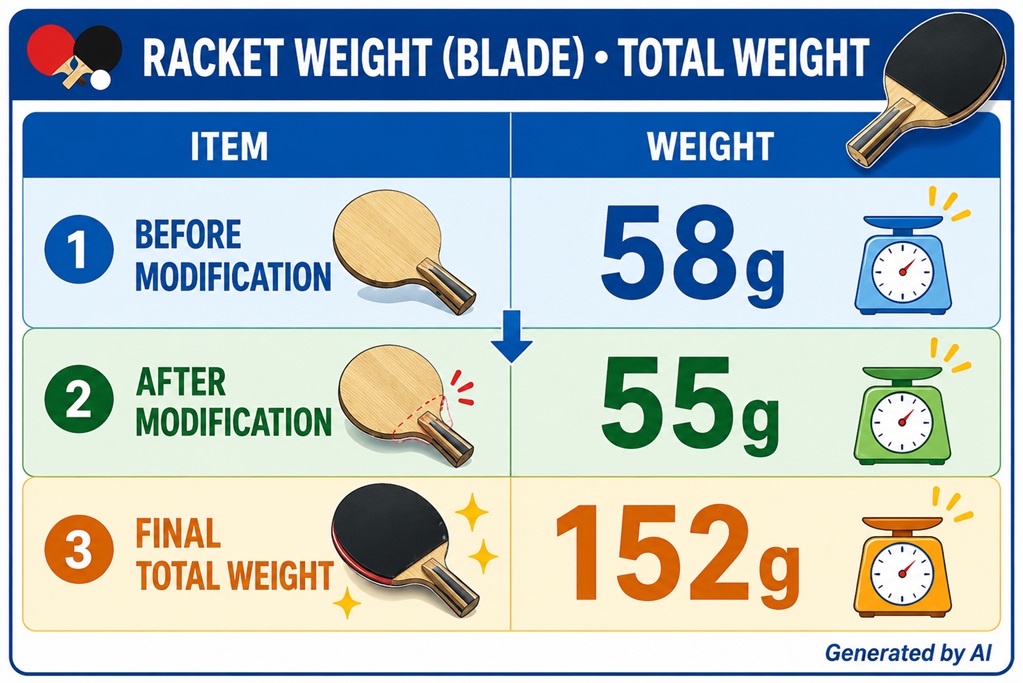 Weight comparison of Butterfly Galedia Revolver before modification, after modification, and final assembled weight