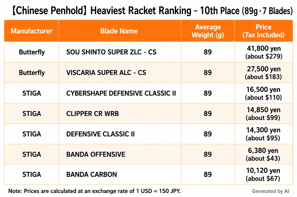 10th place ranking of the heaviest Chinese penhold blades (89 g, 7 blades)