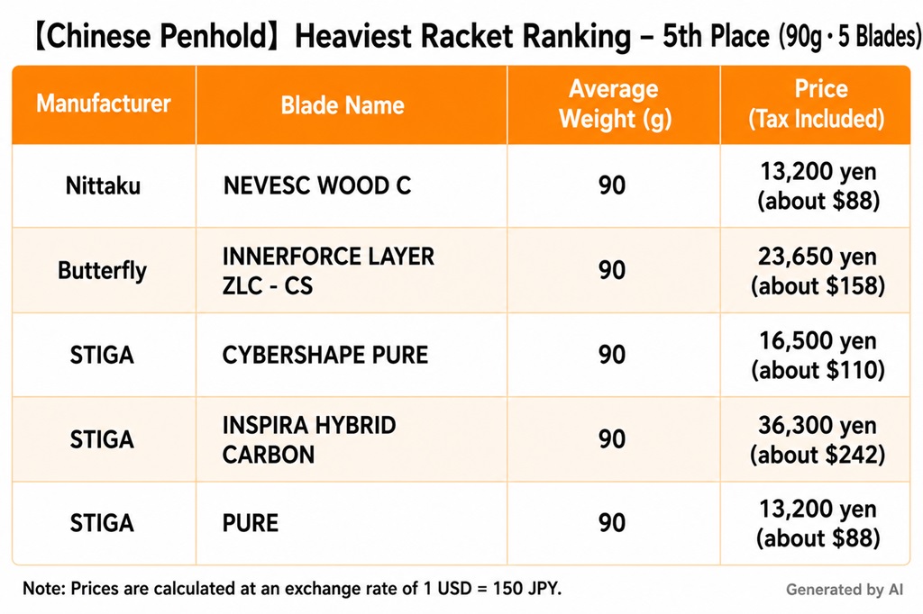 Tied for 5th place in the heaviest Chinese penhold blade ranking (90 g, 5 blades)