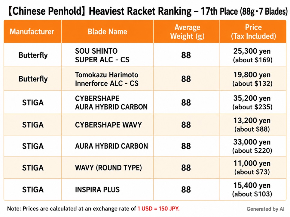 17th place ranking of the heaviest Chinese penhold blades (88 g, 7 blades)
