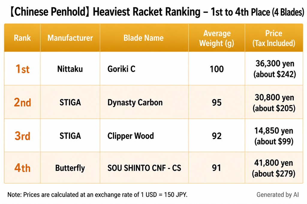 Top four heaviest Chinese penhold blades (91–100 g)