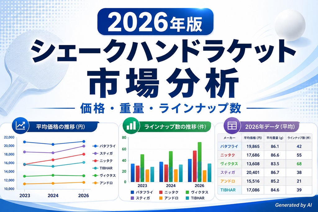 卓球ラケット　シェークハンドラケットの市場分析（主要メーカー6社：バタフライ、ニッタク、ヴィクタス、スティガ、アンドロ、TIBHAR）