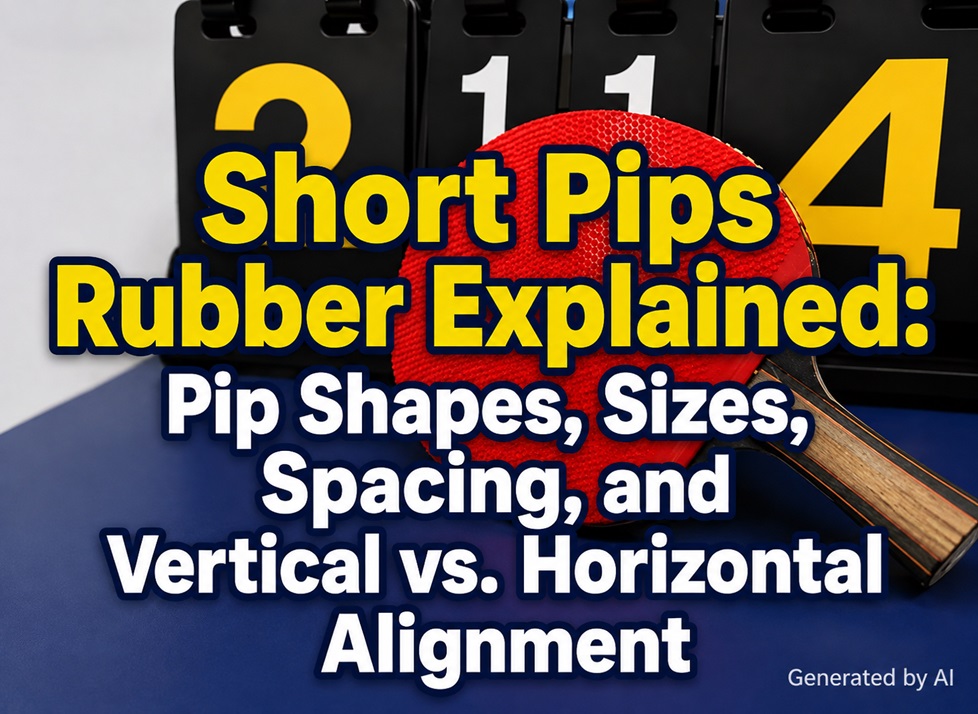 Short pips rubber on a table tennis racket with text explaining pip shapes, sizes, spacing, and vertical vs. horizontal alignment