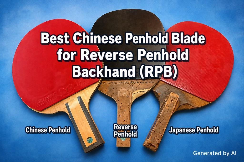 Comparison of Chinese Penhold, Reverse Penhold, and Japanese Penhold table tennis blades for Reverse Penhold Backhand (RPB), highlighting the three penhold grip types.