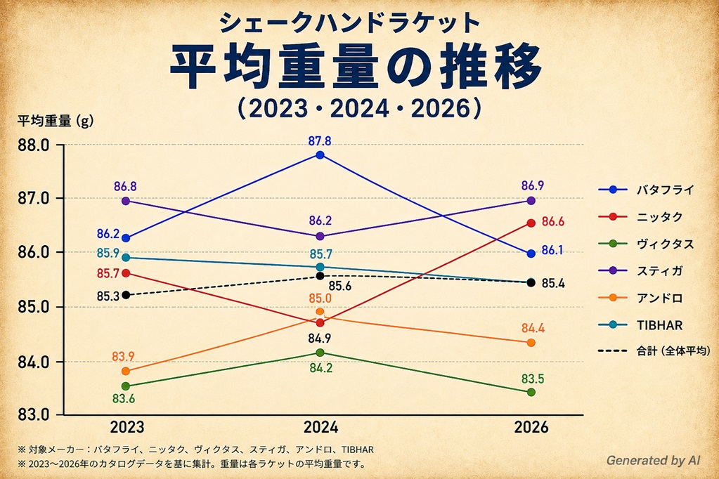 卓球ラケット シェークハンドラケットの平均重量の推移(主要メーカー6社:バタフライ、ニッタク、ヴィクタス、スティガ、アンドロ、TIBHAR)