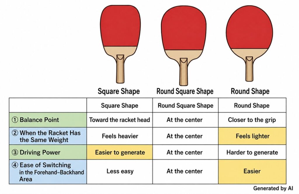 Comparison of round, round-square, and square penhold blade shapes