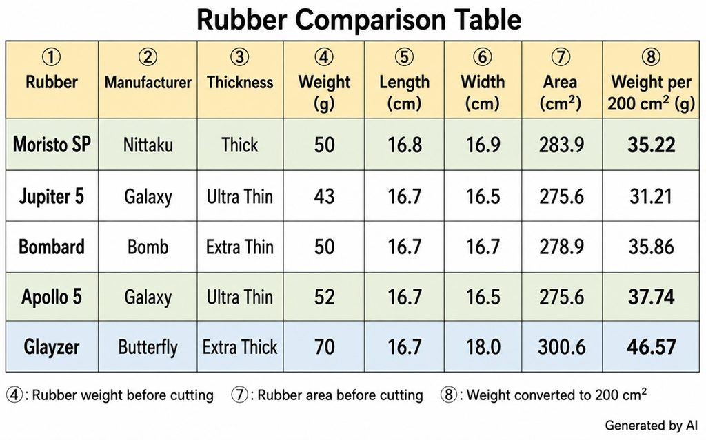 Weight comparison of Nittaku Moristo SP and other table tennis rubbers