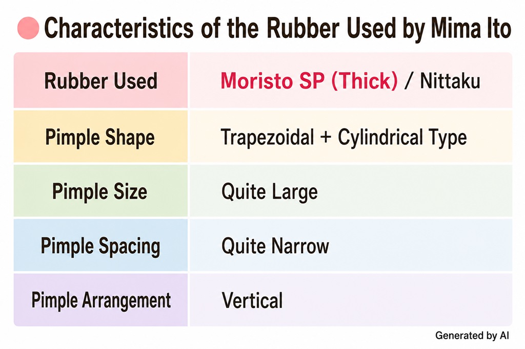 Characteristics of Moristo SP short pips rubber used by Mima Ito