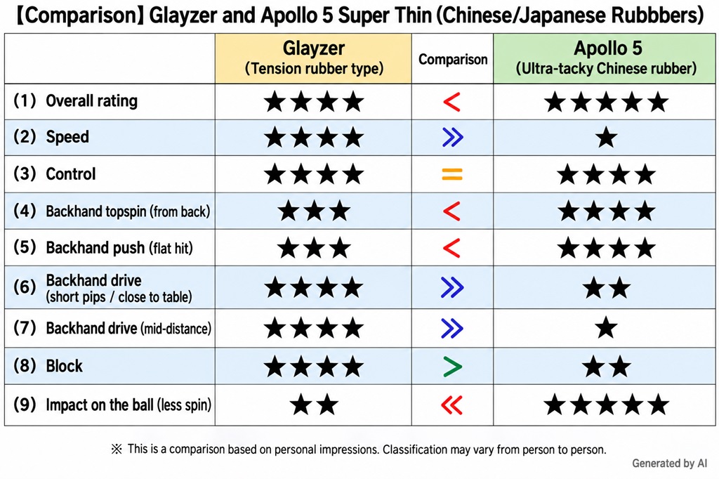 Comparison of Glayzer and Apollo 5 Super Ultra-Thin rubber for RPB play