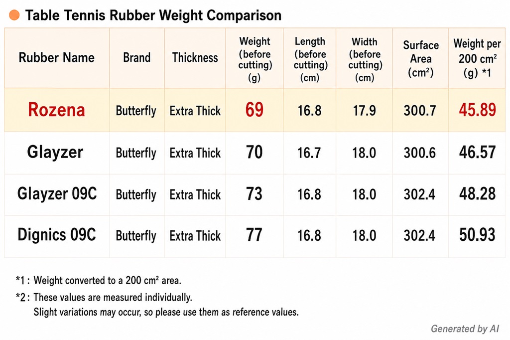 Weight comparison of four Butterfly table tennis rubbers: Rozena, Glayzer, Glayzer 09C, and Dignics 09C