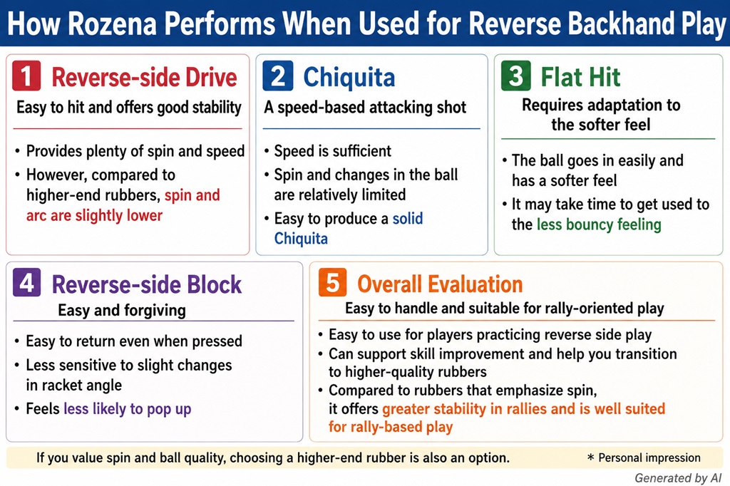 My impressions of Butterfly Rozena for reverse penhold backhand play, including drives, Chiquita, flat hits, blocks, and overall playability