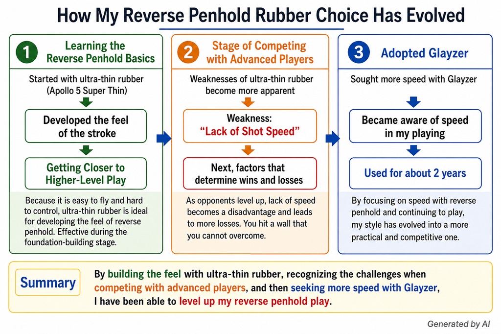 Evolution of my RPB rubber choices, from ultra-thin rubber to Glayzer and Kyohyo 8-80 Power