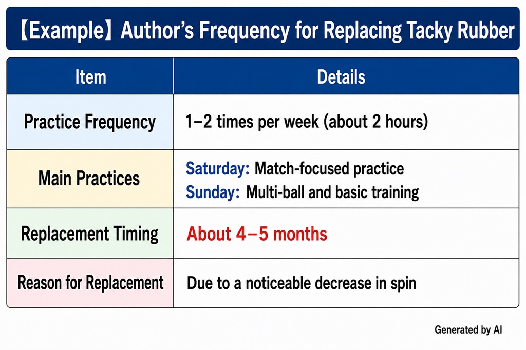 Author's replacement frequency for Chinese-made tacky rubber on a table tennis racket