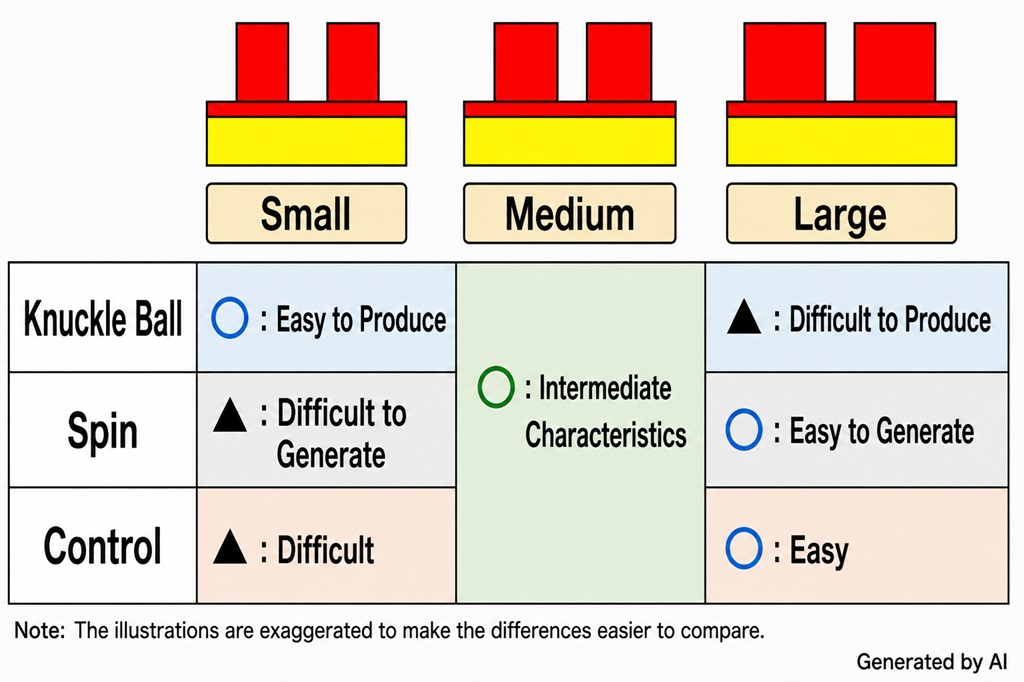 Comparison of short pips rubber with different pip diameters