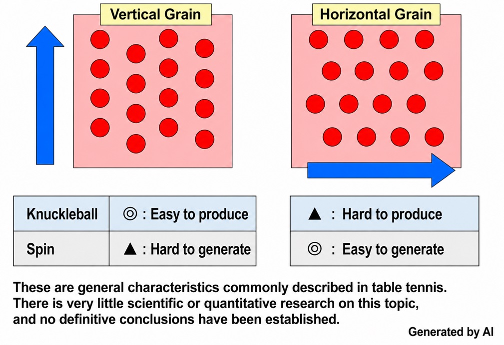 Illustration comparing vertical and horizontal pip alignment in short pips rubber