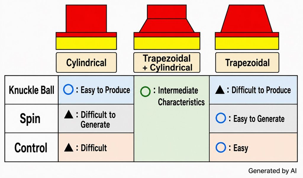 Comparison of three short pips rubber shapes and their characteristics