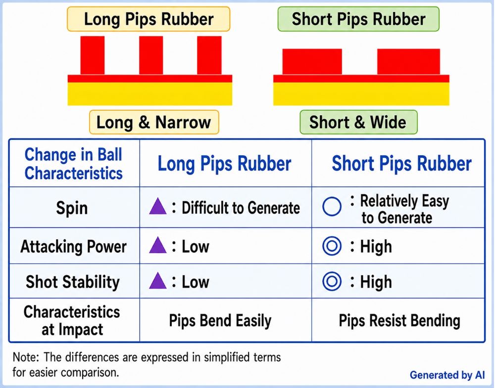 Differences between long pips and short pips rubber, including pip shape and ball characteristics