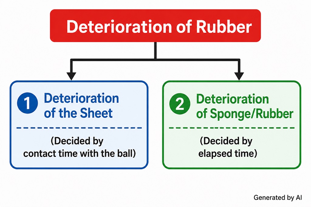 Two types of tacky rubber deterioration: topsheet wear and rubber and sponge deterioration