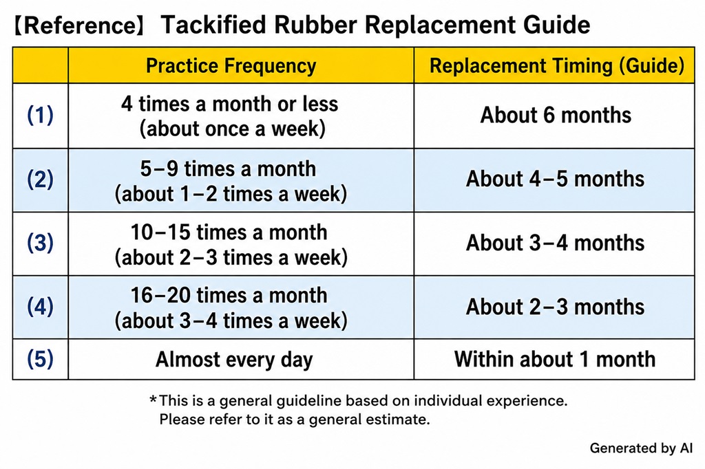 Guideline for replacing tacky rubber based on practice frequency and changes in spin performance