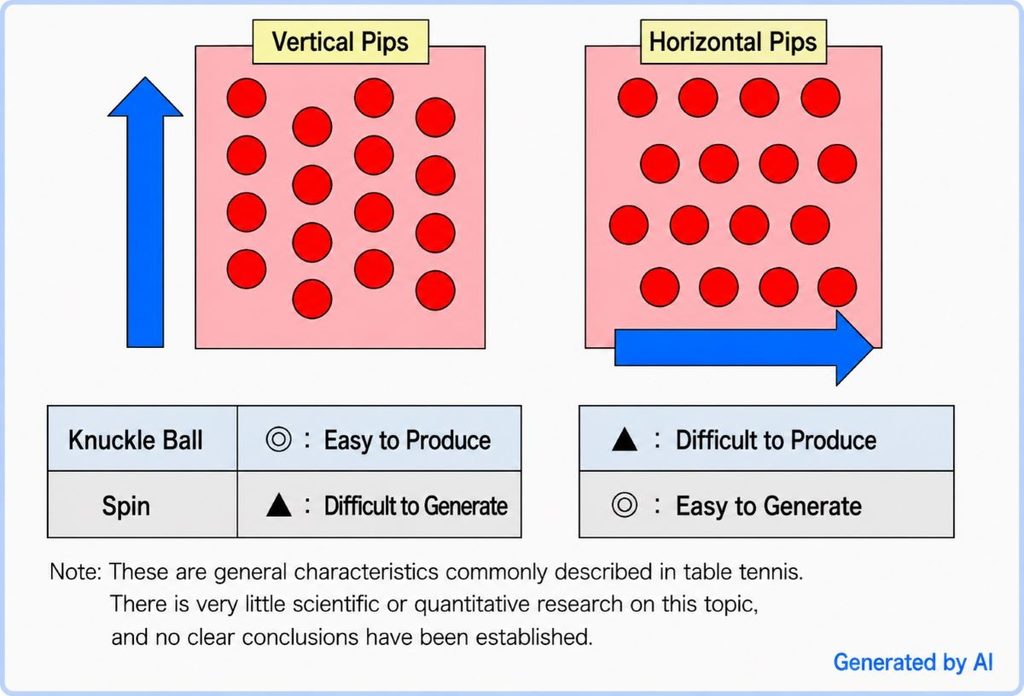 Comparison of vertical and horizontal pip orientations in long pips rubber