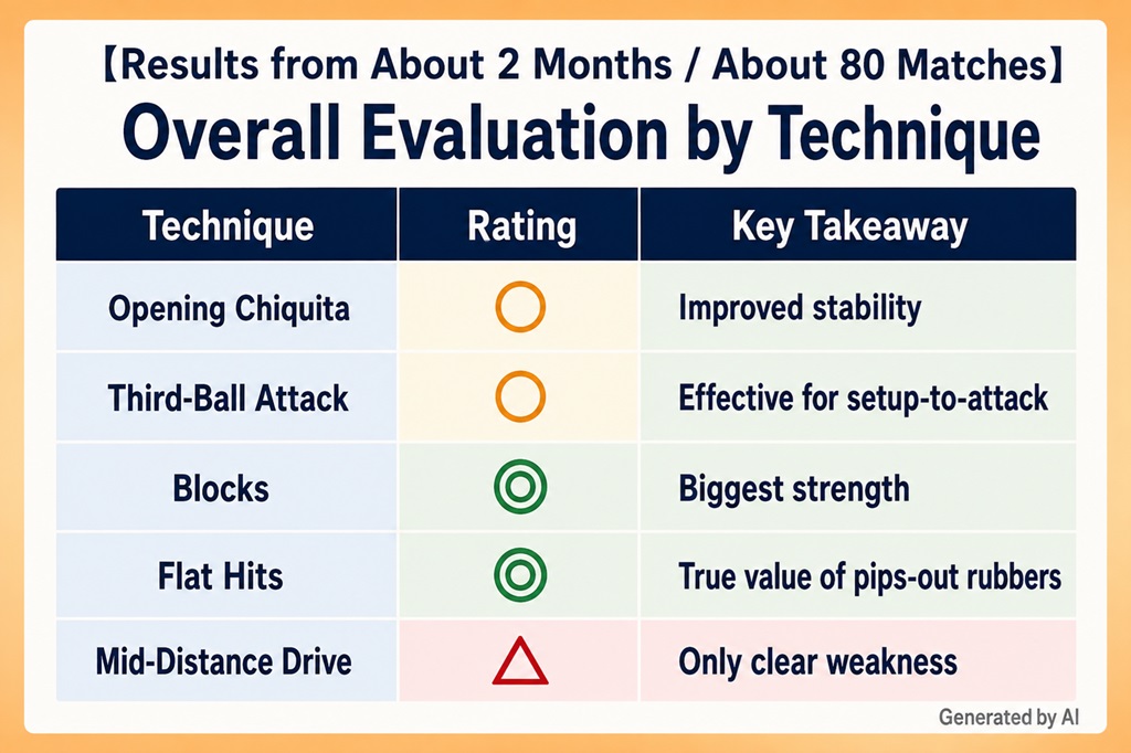 Overall evaluation of Reverse Penhold Backhand techniques using short pips rubber