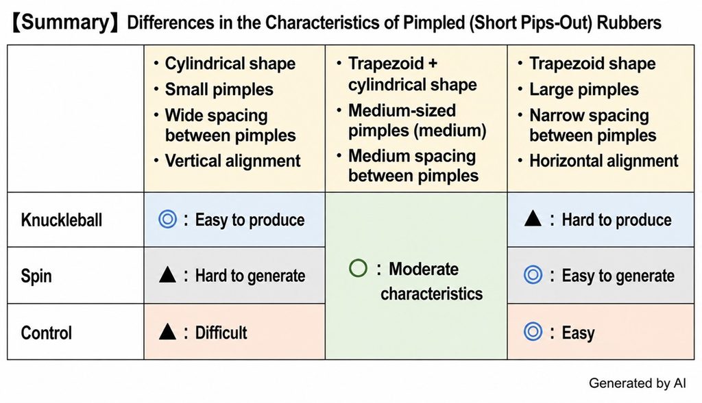 Comparison of short pips and inverted rubber characteristics for reverse penhold backhand play