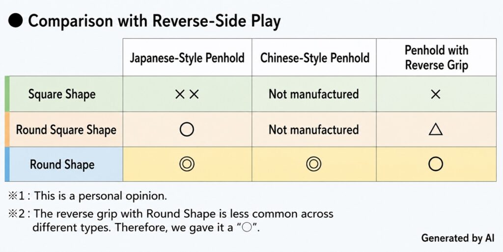 Comparison of round, round-square, and square penhold blade characteristics for Reverse Penhold Backhand (RPB)