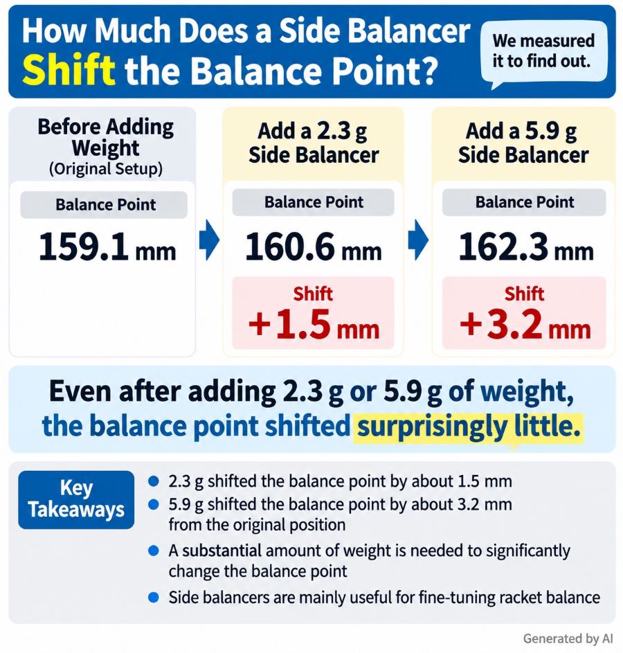 Measured changes in the racket balance point after adding weight