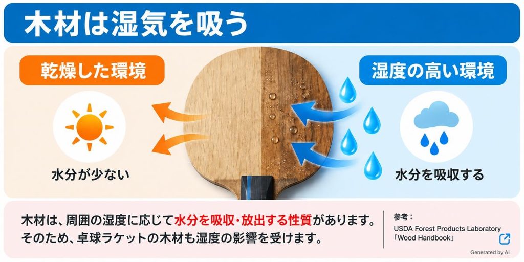 卓球ラケット　木材は湿気を吸うことについて